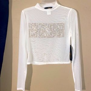 Large Long Sleeve Mesh Crop-top with rhinestones